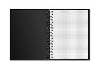 Black open realistic spiral notebook mockup with square grid sheets on white