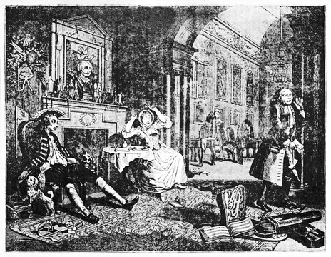 Ancient aristocratic people quarrel in a elegant living room (Marriage-A-la-mode second of six pictures). ld Illustration by Hogarth depicting published on Magasin Pittoresque Paris 1834