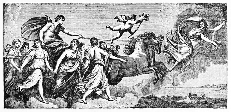 Group of mythological characters and a cart towed by two horses as rappresentation of the dawn, Aurora. Old illustration after Guido Reni published on Magasin Pittoresque Paris 1834