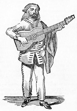 Brighella ancient comic masked character from the Italian Commedia dell'arte playing a guitar on stage. Old Illustration by unidentified author publ. on Magasin Pittoresque Paris 1834