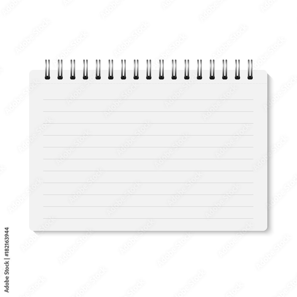 Aufkleber Vector white realistic closed spiral bound notebook. Horizontal blank copybook with metallic silver spiral. Template (mock up) of organizer or diary isolated. Horizontal lined notepad. A5