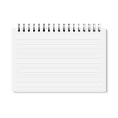 Vector white realistic closed spiral bound notebook. Horizontal blank copybook with metallic silver spiral. Template (mock up) of organizer or diary isolated. Horizontal lined notepad. A5