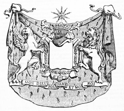 Ancient Coat of Arms sample with two mythological characters, the gryphon and the lion. Old Illustration by unidentified author published on Magasin Pittoresque Paris 1834