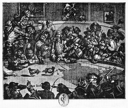 Ancient cockfight in a dark room full of cruel medieval people betting on the outcome of the competition. After Hogarth published on Magasin Pittoresque Paris 1834