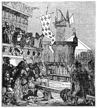Public reading of a document by civil authority in front of a crowd of medieval people. Created Old Illustration by Jackson publ. on Magasin Pittoresque Paris 1834