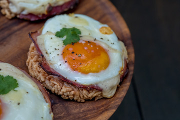 Close up Homemade Croque Madame Thai Styled . (selective Focus)