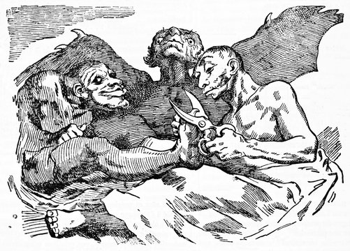 Devils cutting nails, ancient medieval grotesque context. Old caricature of Francisco Goya published on Magasin Pittoresque Paris 1834