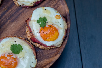 Close up Homemade Croque Madame Thai Styled . (selective Focus)