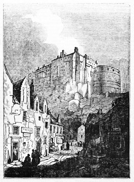 Ancient medieval scottish town with the Edinburgh castle in background. Old Illustration by unidentified author published on Magasin Pittoresque Paris 1834