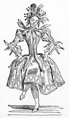 Elegant female jester dancing in her medieval woman dresses. Old Illustration by unidentified author published on Magasin Pittoresque Paris 1834