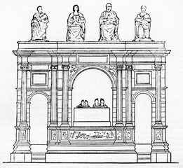Front view of the structure of an ancient funerary monument, Francois I tomb in Saint-Denis basilica France. Old Illustration by unidentified author published on Magasin Pittoresque Paris 1834