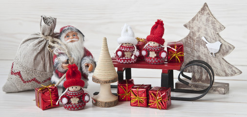 Traditional Christmas decorations on a vintage wooden background. Close up, background