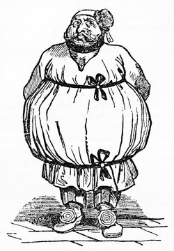 Full body ancient funny portrait of a fat man wearing antique clothes, Gros-Guillaume, French actor. Old Illustration by unidentified author published on Magasin Pittoresque Paris 1834