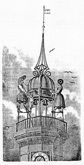 Jacquemart family on the top of a tower over a cloudy sky, Our Lady church in Dijon. Old Illustration by unidentified author published on Magasin Pittoresque Paris 1834