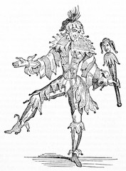 Ancient Jester posing on one leg wearing his costume and holding a scepter. Old Illustration by unidentified author published on Magasin Pittoresque Paris 1834