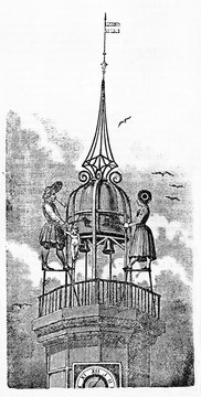 Jacquemart family on the top of a tower over a cloudy sky, Our Lady church in Dijon. Old Illustration by unidentified author published on Magasin Pittoresque Paris 1834