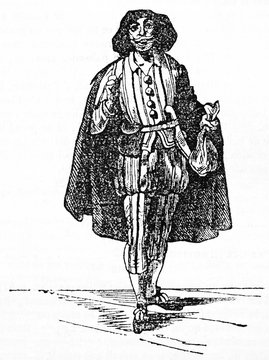 Ancient full body portrait of Jodelet (Julien Bedeau 1586 - 1660), French actor, in his scene costume on stage. Old Illustration by unidentified author published on Magasin Pittoresque Paris 1834