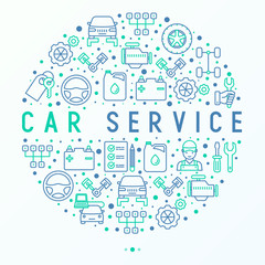 Car service concept in circle with thin line icons of mechanic, computer diagnostics, tools, wheel, battery, transmission, jack. Modern vector illustration for banner, web page, print media.