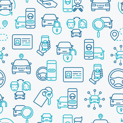 Car sharing seamless pattern with thin line icons of driver's license, key, blocked car, pointer, available, searching of car. Vector illustration for banner, web page, print media. - obrazy, fototapety, plakaty