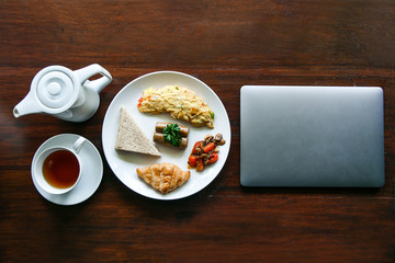 english breakfast with a cup of a tea and a laptop on the table