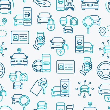 Car sharing seamless pattern with thin line icons of driver's license, key, blocked car, pointer, available, searching of car. Vector illustration for banner, web page, print media.