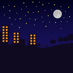 Obraz na płótnie Canvas Vector illustration of a night city on a background of a full moon and a starry sky.