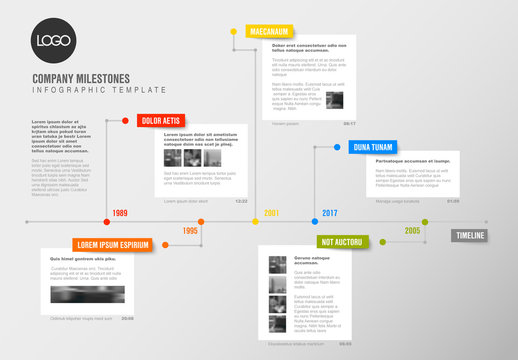 Timeline Infographic with Colorful Tabs and White Rectangular Text Boxes