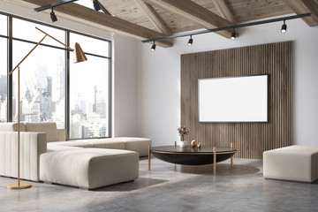White and wooden living room corner, poster, sofa - obrazy, fototapety, plakaty