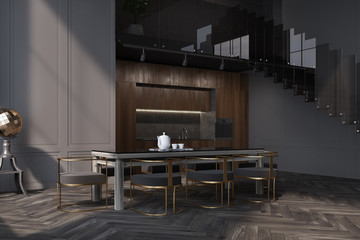 Gray dining room, sofa and table side