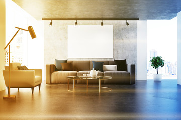 White panoramic living room, sofa, poster