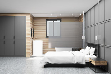 Fototapeta na wymiar Gray and wooden bedroom side, bathroom