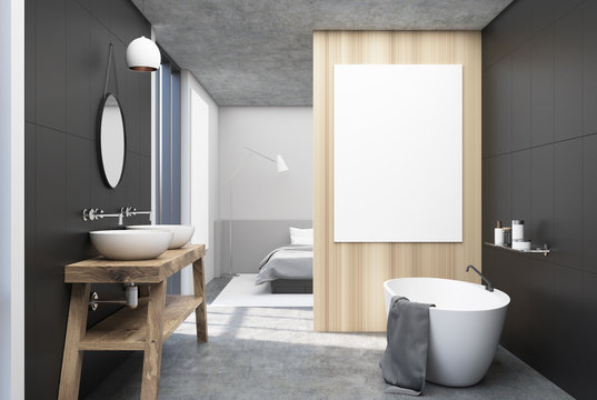 Gray bathroom and a bedroom, poster