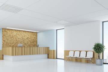 Blue and wooden reception desk corner