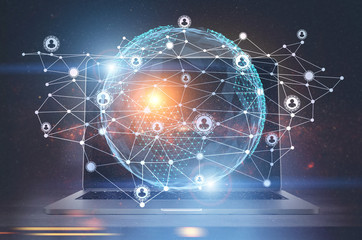 Planet and a network hologram, laptop