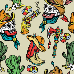 Wild west seamless pattern, old school tattoo vector. Classic flash tattoo style, patches and stickers. Fashionable western set. Cowboy, cactus, guns, wild west background