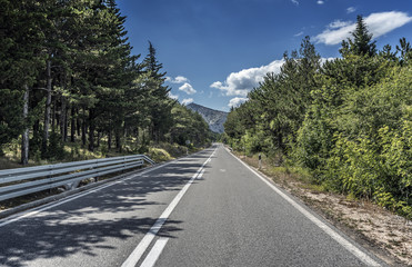 Fototapeta premium Country road through the rocky mountains and forest.