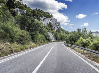 Country road through the rocky mountains and forest.