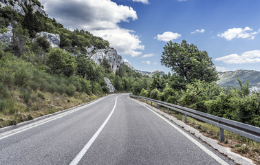 Country road through the rocky mountains and forest.