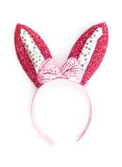 Headband pink rabbit isolated on white background. Sexy easter bunny ears hair band. Close up...