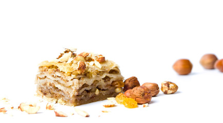 Baklava dessert with nuts and raisins isolated