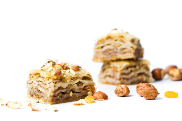 Baklava dessert with nuts and raisins isolated