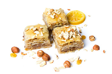 Baklava dessert slices on white background