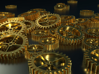 3D render of gears. gold highlights.