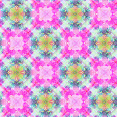 Hand drawn seamless pattern with folk national motives. Bright colored abstract wallpaper. Seamless texture. Geometric fabric design. Art painting. Pink colors. Native. Patchwork, and scraps.