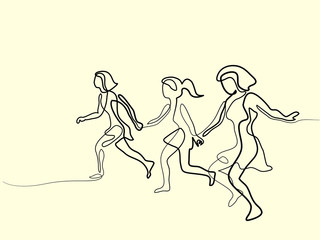 Running girls have joy in summer time. Continuous line drawing. Vector illustration on white background