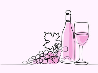 Continuous line color drawing. Wine bottle, glass and grape contour. Black outline vector illustration.