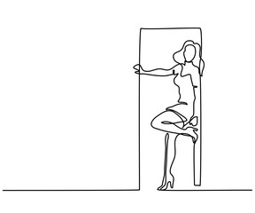 Continuous line drawing. Woman standing in doorway. Vector illustration