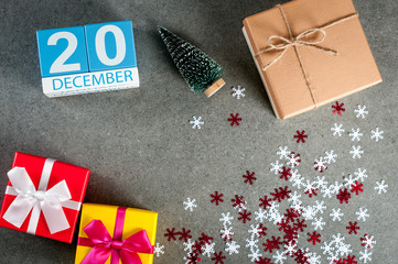 December 20th. Image 20 day of december month, calendar at christmas and new year background with gifts