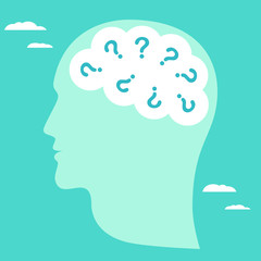Abstract symbol of many questions arising in human head. Business concept vector illustration