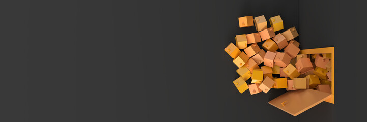 Infinite houses getting out of a door, original 3d rendering.